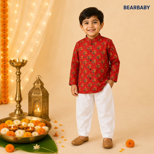 Bearbaby Premium Cotton Baby Boys Kurta Pajama Set | Sindoor Red & Kesariya Gold Lotus Buti | 0M–3Y