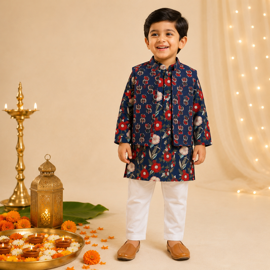 Bearbaby Neel Panna Gulzar premium cotton baby boys kurta jacket set with floral Nehru jacket and white pajama for newborn to 3 years