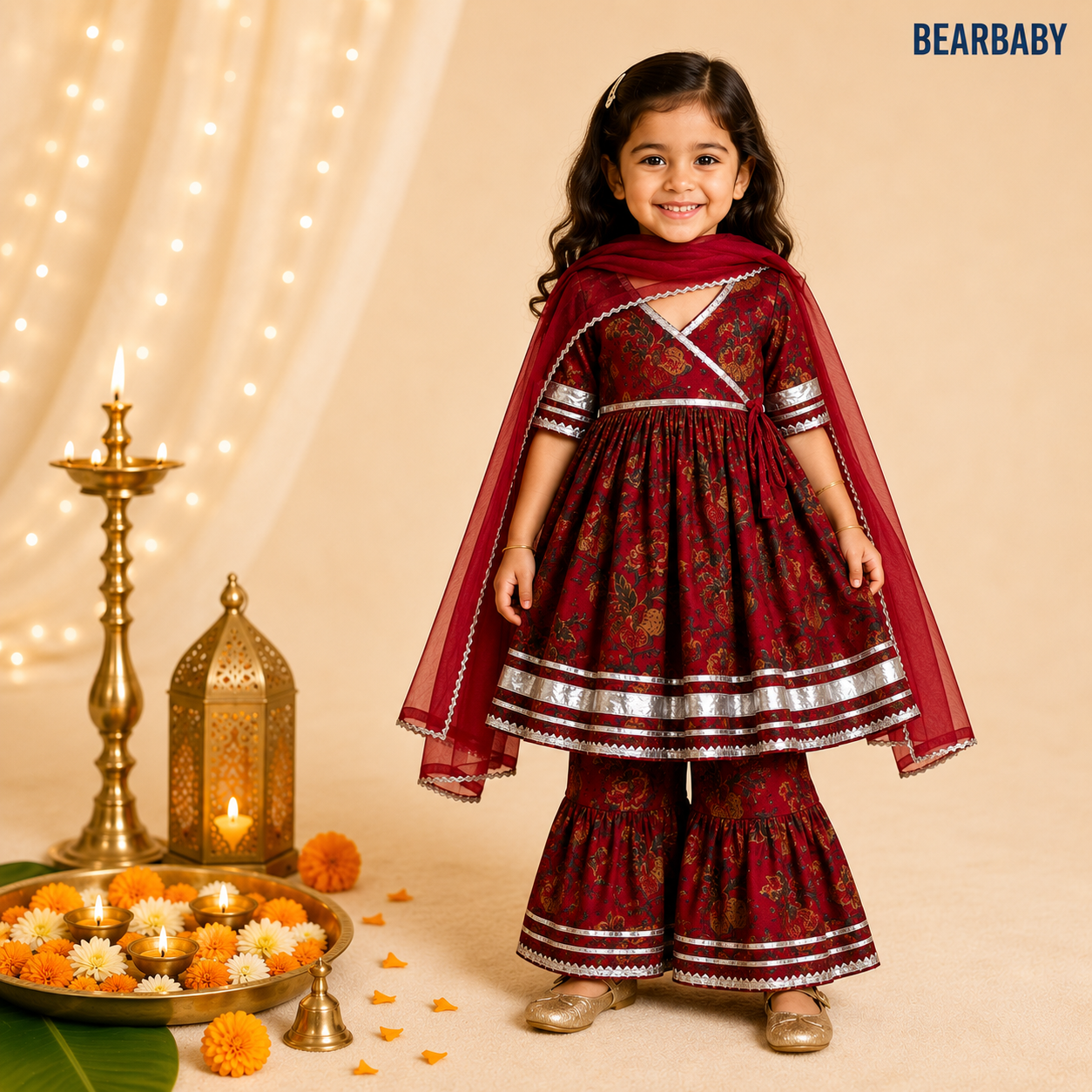 Bearbaby premium cotton baby girls festive sharara set in Sindoor Gulnaar Bageecha with deep crimson Mughal floral print and matching dupatta for babies 0 Months to 3 Years.