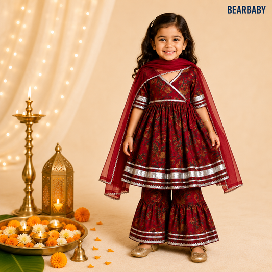 Bearbaby premium cotton baby girls festive sharara set in Sindoor Gulnaar Bageecha with deep crimson Mughal floral print and matching dupatta for babies 0 Months to 3 Years.