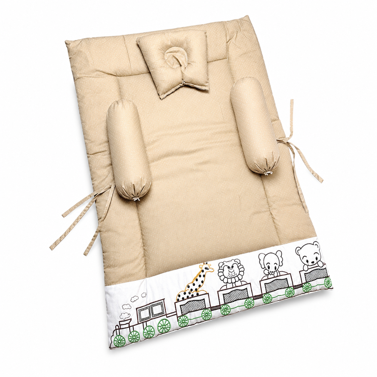 Bearbaby Beige Baby Sleeping Mattress Set with Soft Cotton Pillow and Side Bolsters Featuring Embroidered Animal Train Design for Newborns and Infants