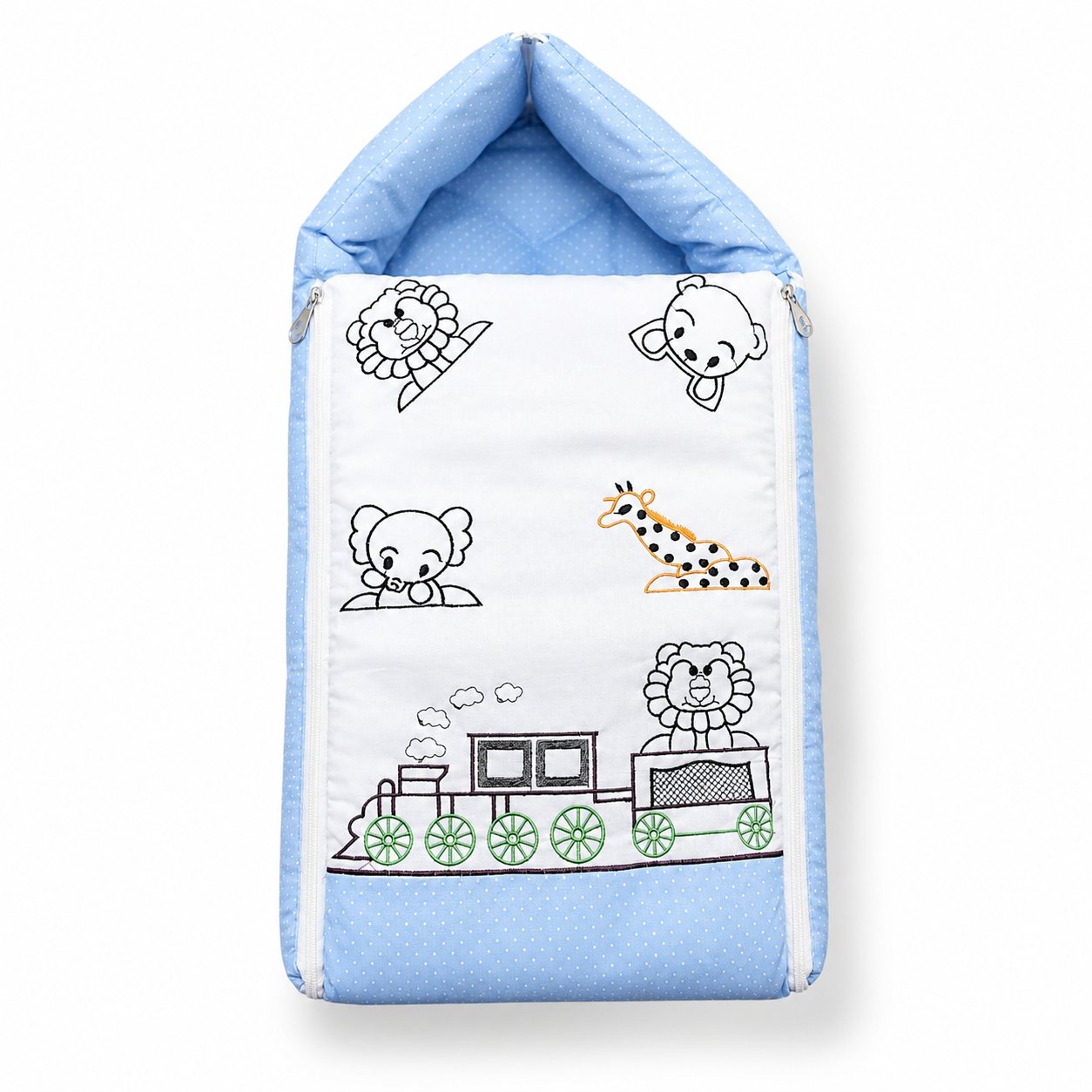 Bearbaby Premium Blue Baby Sleeping Bag with Soft Padded Baby Nest, Safari Animal and Train Embroidery, Zipper Closure for Newborn Babies