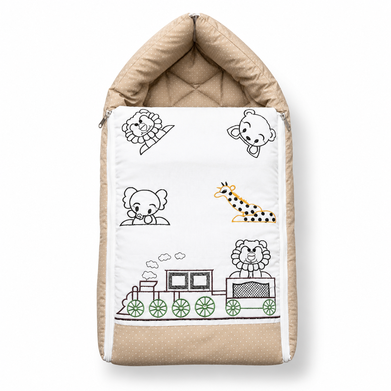 Bearbaby Premium Blue Baby Sleeping Bag with Soft Padded Baby Nest, Safari Animal and Train Embroidery, Zipper Closure for Newborn Babies