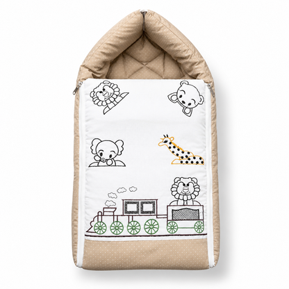 Bearbaby Premium Blue Baby Sleeping Bag with Soft Padded Baby Nest, Safari Animal and Train Embroidery, Zipper Closure for Newborn Babies