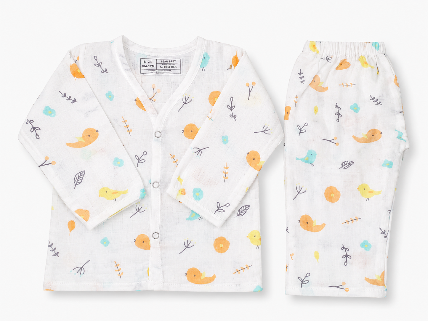 Soft Breathable Organic Muslin Cotton Baby Nightwear Set with Bird and Floral Print for Newborn Babies