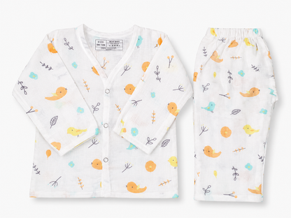 Soft Breathable Organic Muslin Cotton Baby Nightwear Set with Bird and Floral Print for Newborn Babies