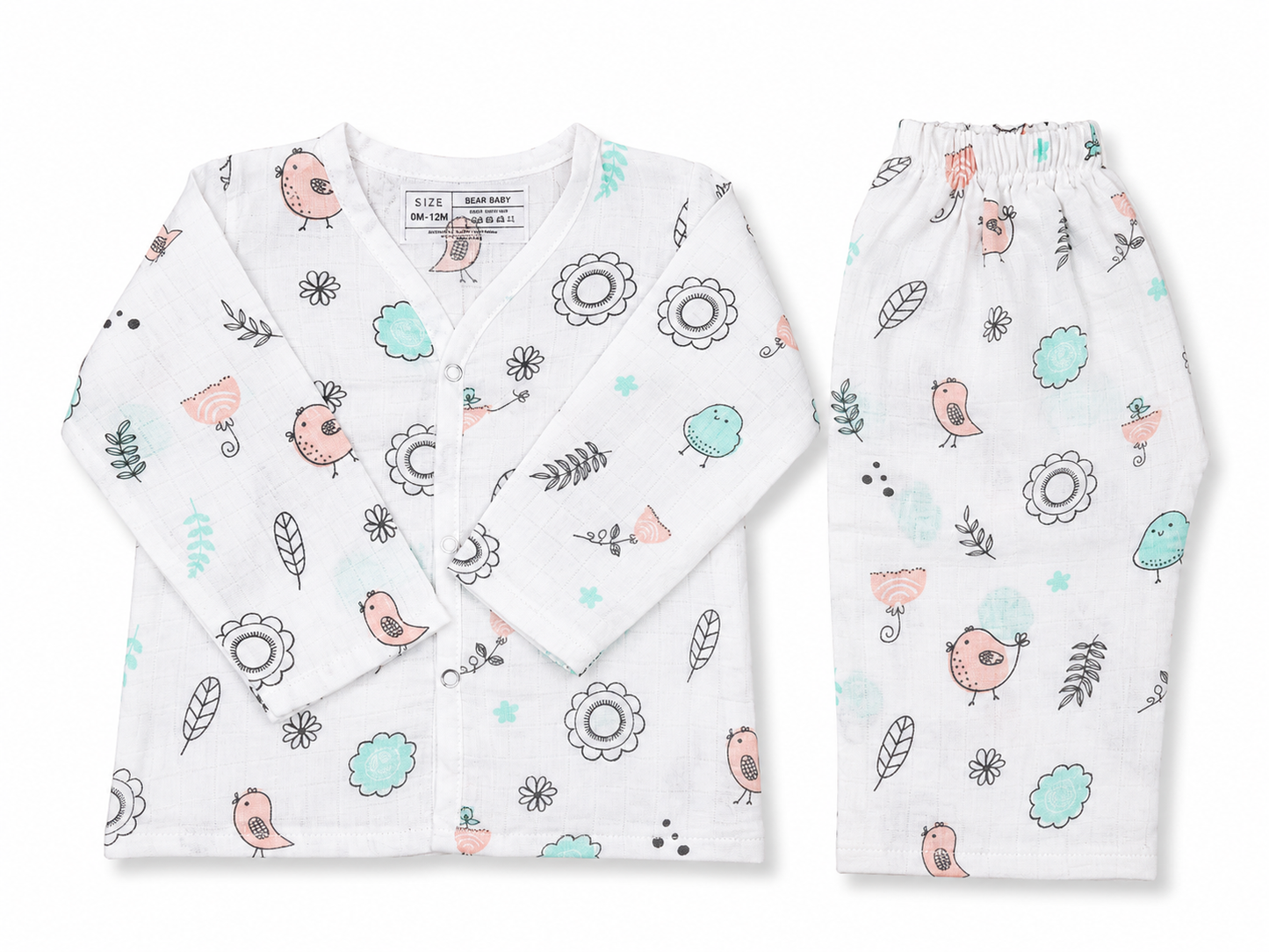 Bearbaby Organic Muslin Cotton Full Sleeve Baby Night Suit with Matching Bird and Floral Print Pajama Set for Newborn Babies