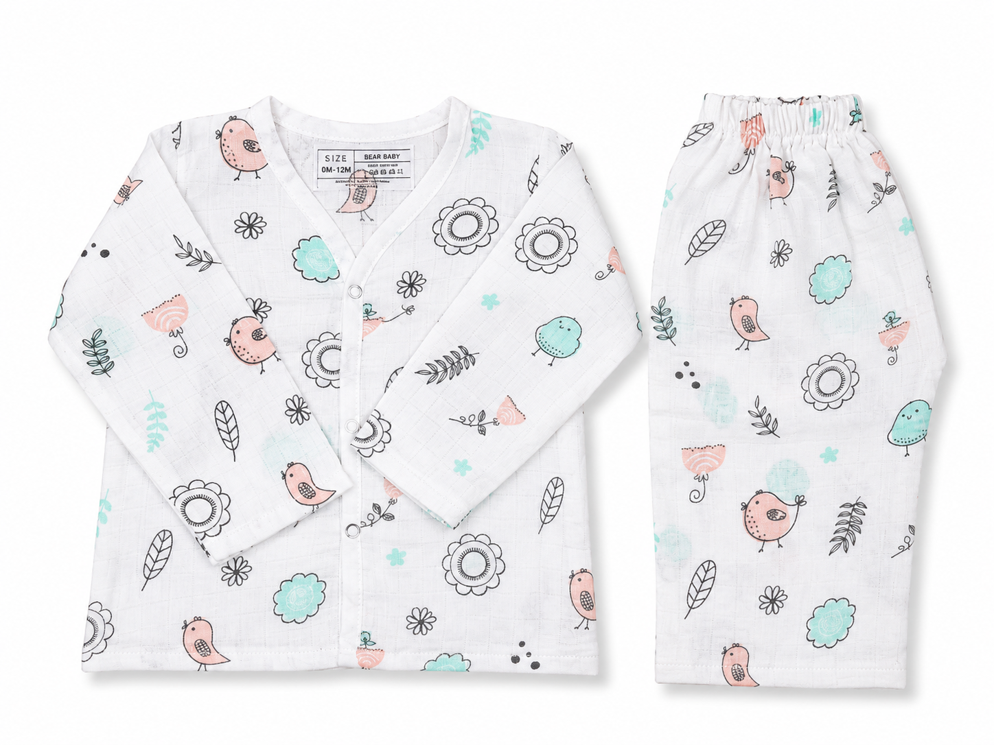 Bearbaby Organic Muslin Cotton Full Sleeve Baby Night Suit with Matching Bird and Floral Print Pajama Set for Newborn Babies