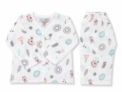 Bearbaby Organic Muslin Cotton Full Sleeve Baby Night Suit with Matching Bird and Floral Print Pajama Set for Newborn Babies