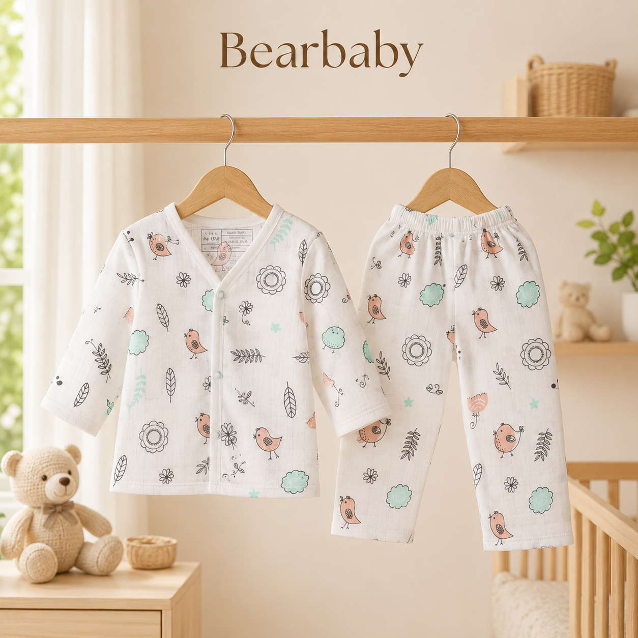 Bearbaby Lightweight Muslin Cotton Full Sleeve Baby Pajama Set with Front Open Shirt and Matching Bottoms