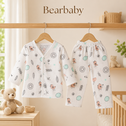 Bearbaby Lightweight Muslin Cotton Full Sleeve Baby Pajama Set with Front Open Shirt and Matching Bottoms