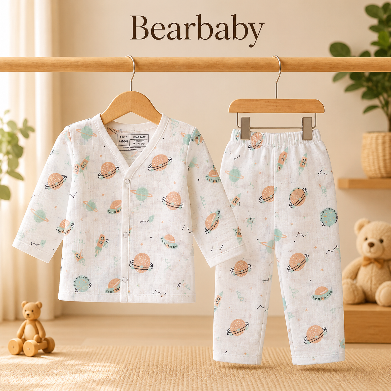 Bearbaby Organic Muslin Cotton Full Sleeve Baby Night Suit with Space Print and Matching Pajama Set
