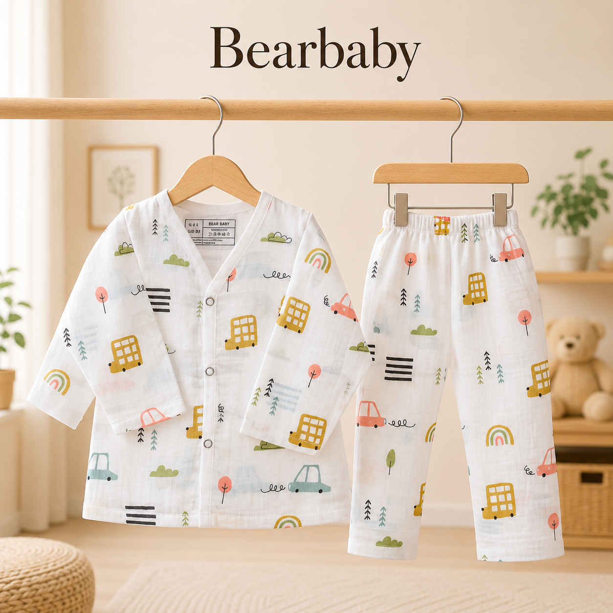 Bearbaby Organic Muslin Cotton Baby Night Suit Combo with Vehicle and Space Print Full Sleeve Sets