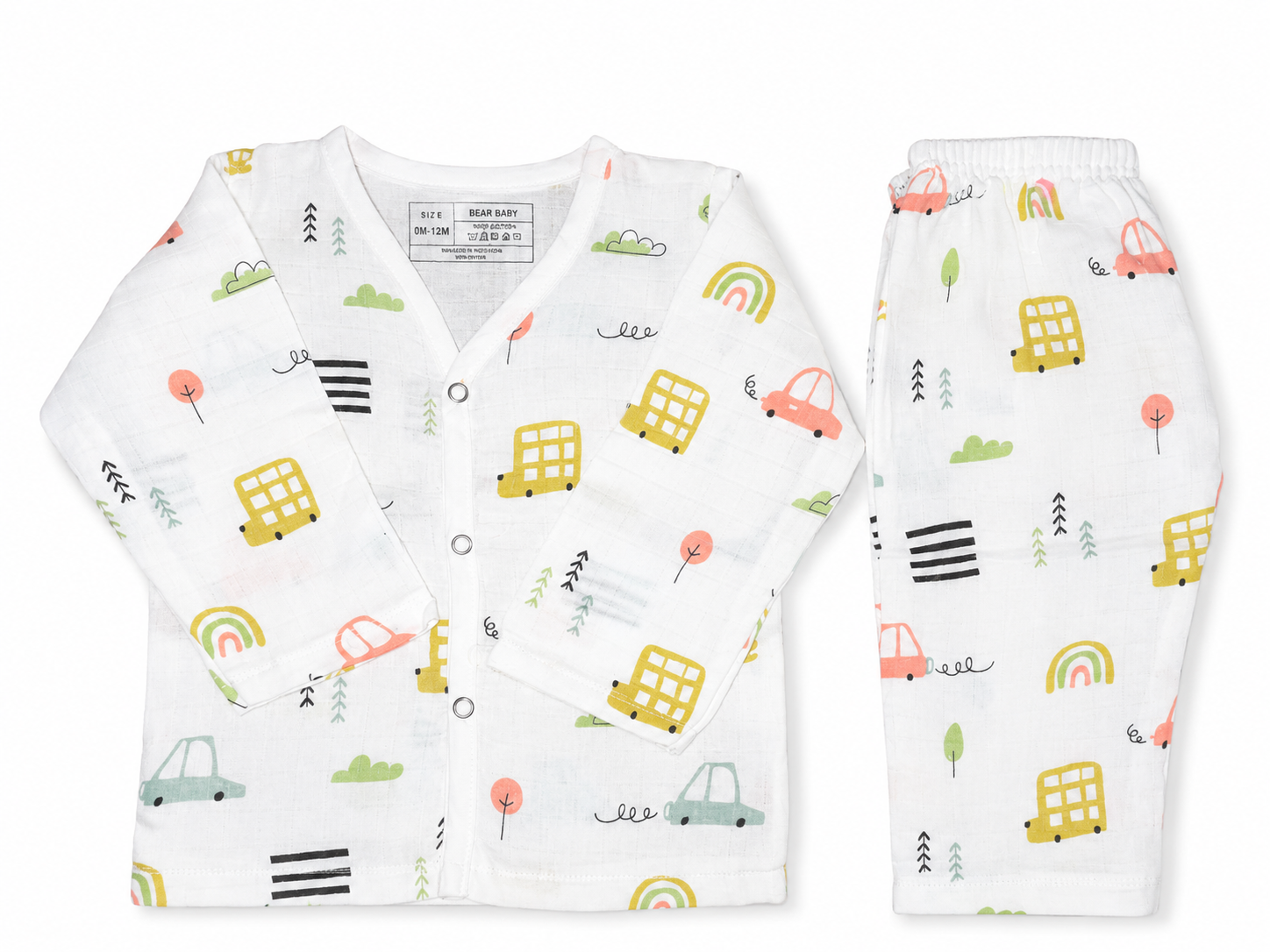 Bearbaby Premium Baby Nightwear Set with Front Open Full Sleeve Top and Matching Muslin Cotton Pajamas