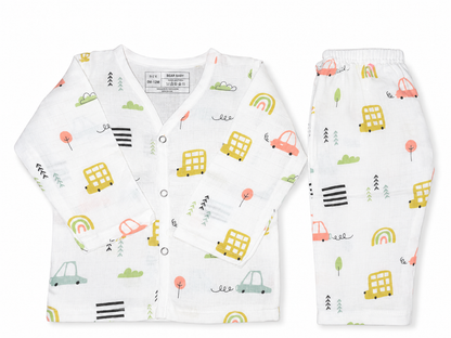 Bearbaby Premium Baby Nightwear Set with Front Open Full Sleeve Top and Matching Muslin Cotton Pajamas