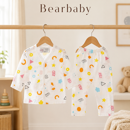 Bearbaby Organic Muslin Cotton Full Sleeve Baby Night Suit with Colorful Geometric Print and Matching Pajama