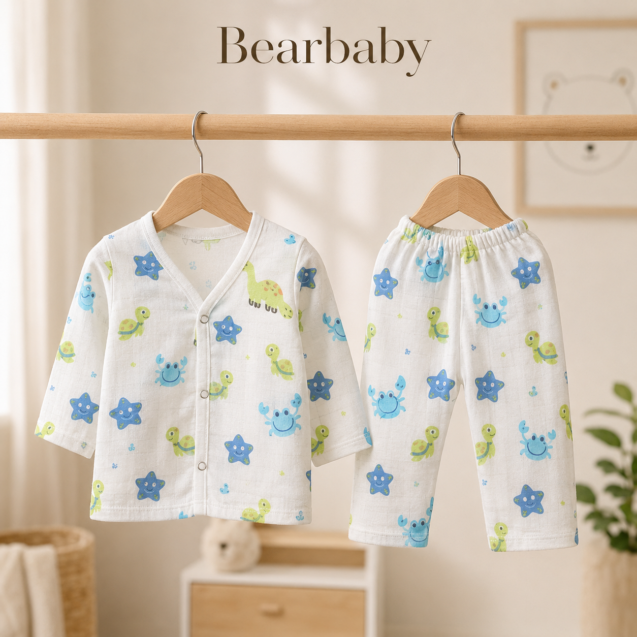 Bearbaby Organic Muslin Cotton Full Sleeve Baby Night Suit with Sea Animal Print and Matching Pajama