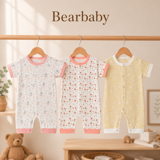 Bearbaby Organic Cotton Baby Romper Combo Pack of 3 with Bear, Floral and Yellow Star Prints for Newborn Babies