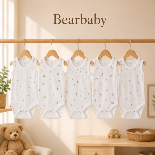 Bearbaby Organic Cotton Sleeveless Baby Bodysuit Combo Pack of 5 with Assorted Printed White Onesies for Newborn Babies