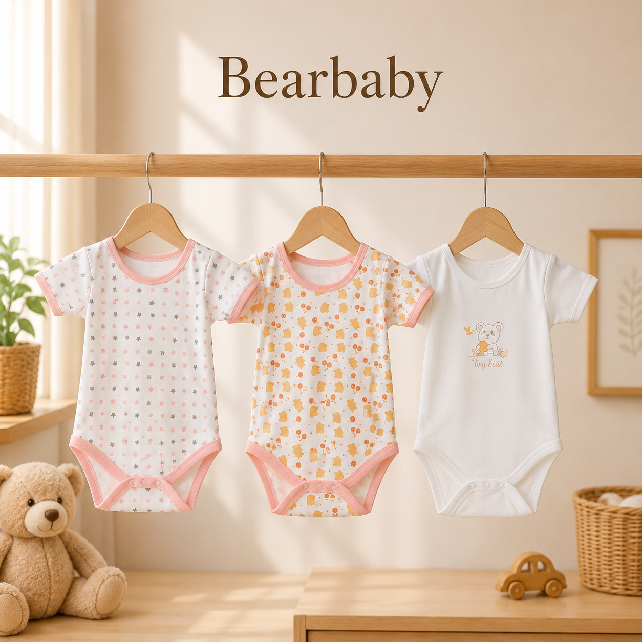 Bearbaby Soft Breathable Organic Cotton Baby Rompers Pack of 3 for Newborn Boys and Girls