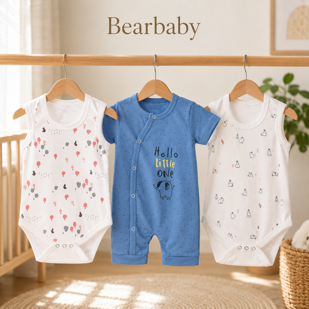 Premium Bearbaby Organic Cotton Short Sleeve Baby Rompers with White Floral and Pink Star Prints