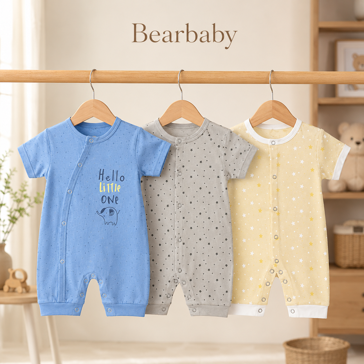 Premium Bearbaby Organic Cotton Short Sleeve Baby Rompers with White Floral and Pink Star Prints