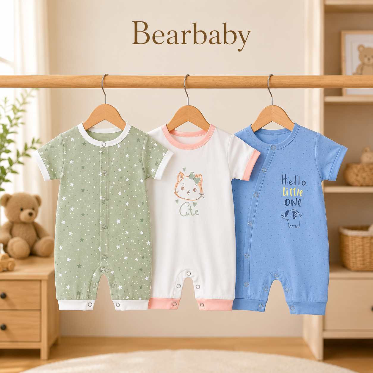 Bearbaby Organic Cotton Baby Essentials Combo Pack of 3 Rompers with Floral and Star Print Designs