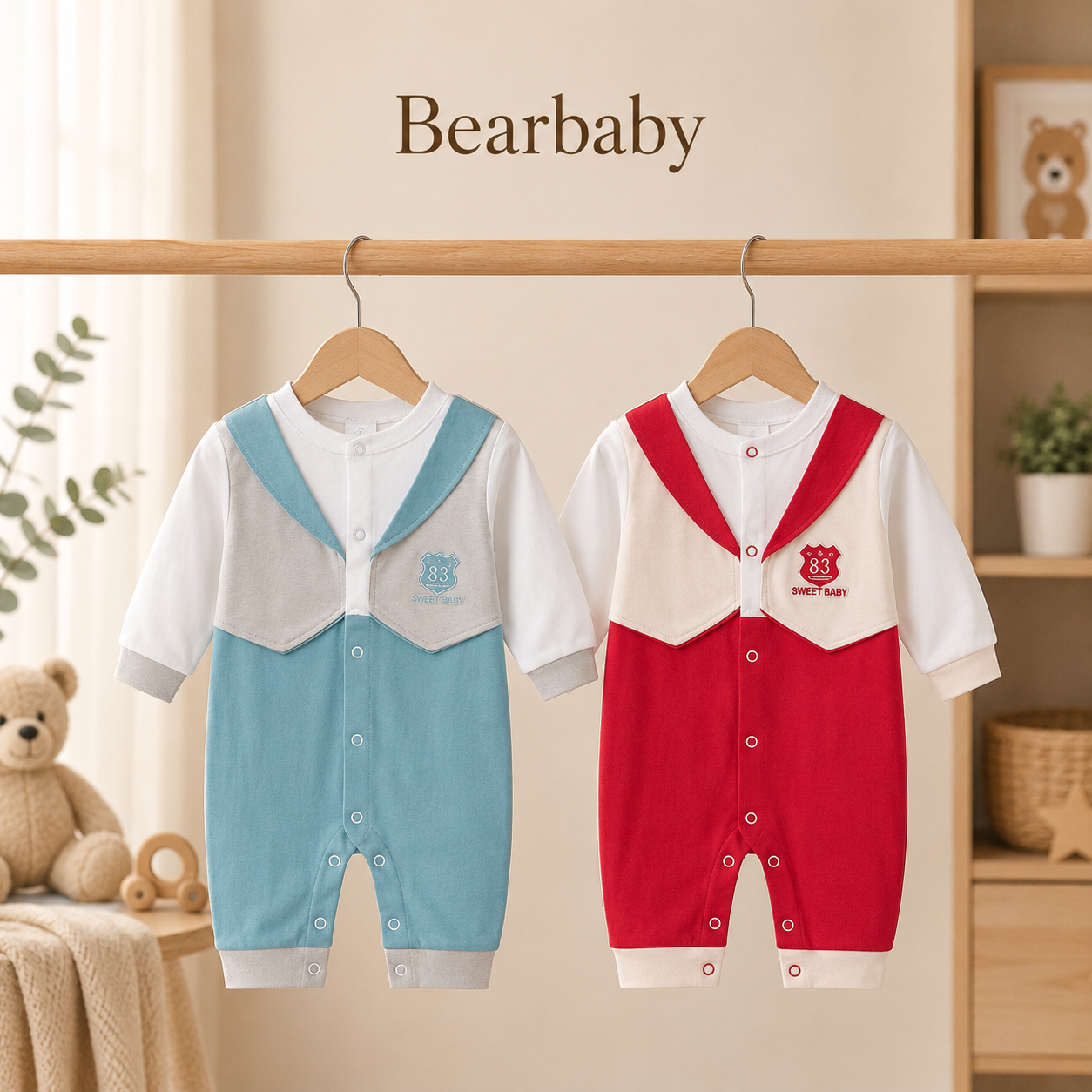 Bearbaby Soft Breathable Organic Cotton Baby Rompers for Newborn Boys and Girls in Blue and Peach Colors