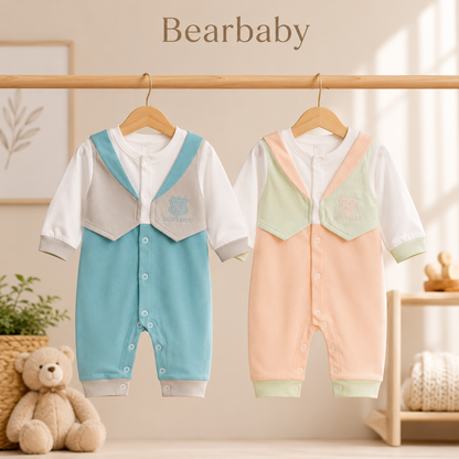 Bearbaby Organic Cotton Full Sleeve Baby Romper Combo Pack of 2 in Blue and Peach for Newborn Babies