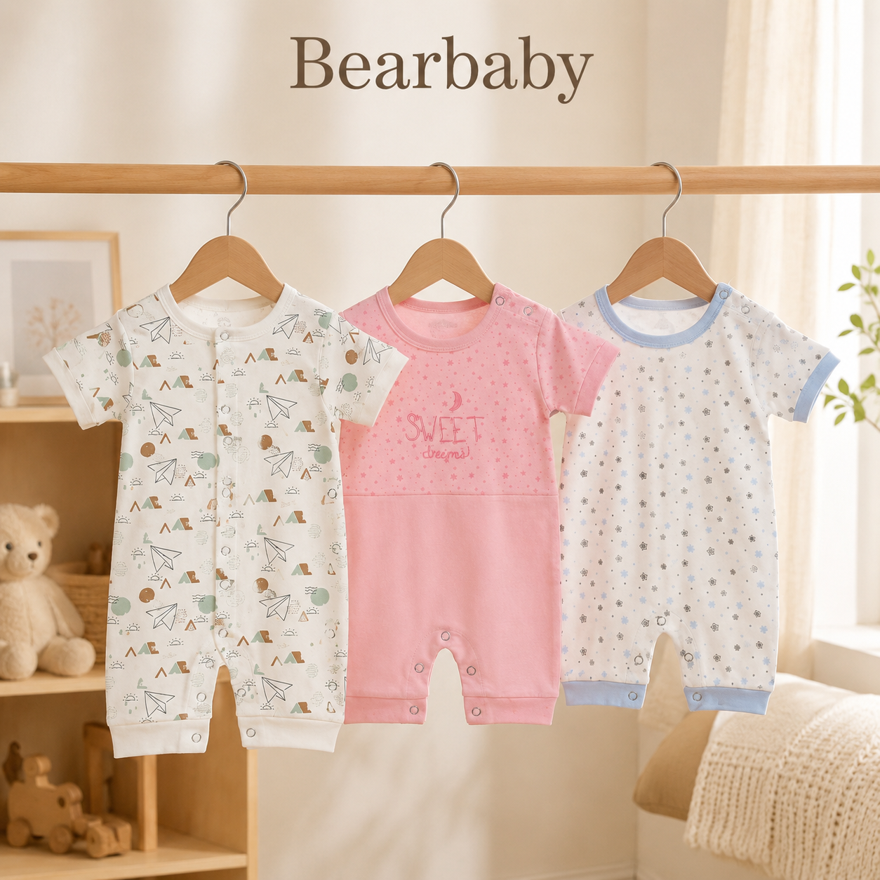 Soft Organic Cotton Baby Romper Set of 3 by Bearbaby with White Floral Print and Pink Printed Everyday Wear
