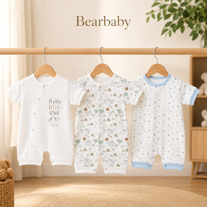 Soft Organic Cotton Baby Romper Set of 3 by Bearbaby with White Floral Print and Pink Printed Everyday Wear