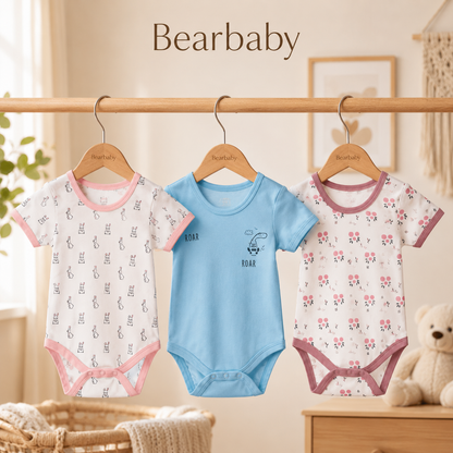 Premium Bearbaby Organic Cotton Baby Onesie Set featuring Blue Dinosaur, Bunny Print and Floral Print Bodysuits