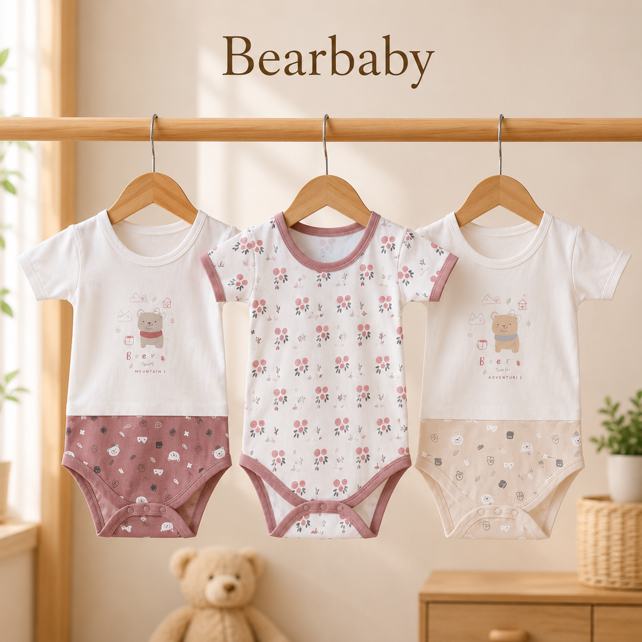 Bearbaby Baby Onesie Set of 3 with Blue Dinosaur Graphic, Bunny Print and Pink Floral Print for Everyday Wear