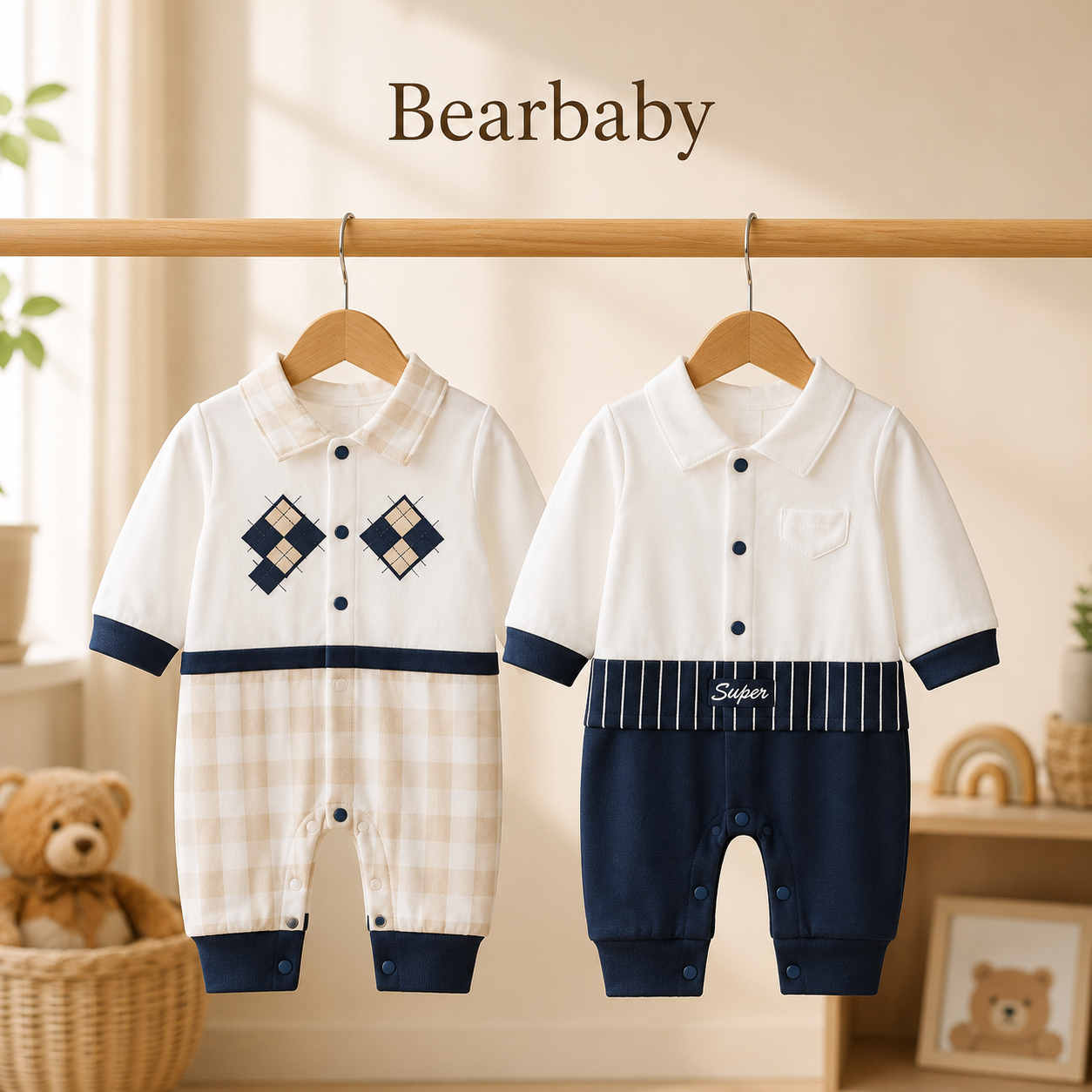 Premium Organic Cotton Baby Sleepsuit Set by Bearbaby with Blue and Peach Full Sleeve Rompers