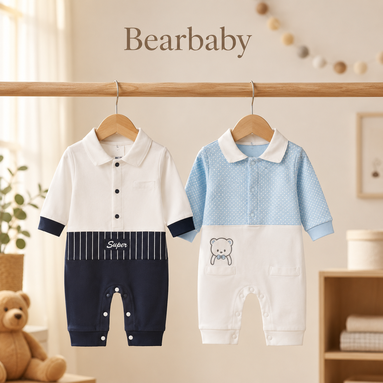 Organic Cotton Full Sleeve Baby Onesie Combo Pack by Bearbaby with Blue and Peach Vest Style Design