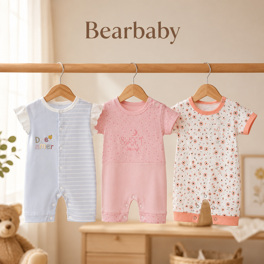 Premium Organic Cotton Baby Romper Set of 3 by Bearbaby featuring Bear Print, Floral Print and Yellow Star Design