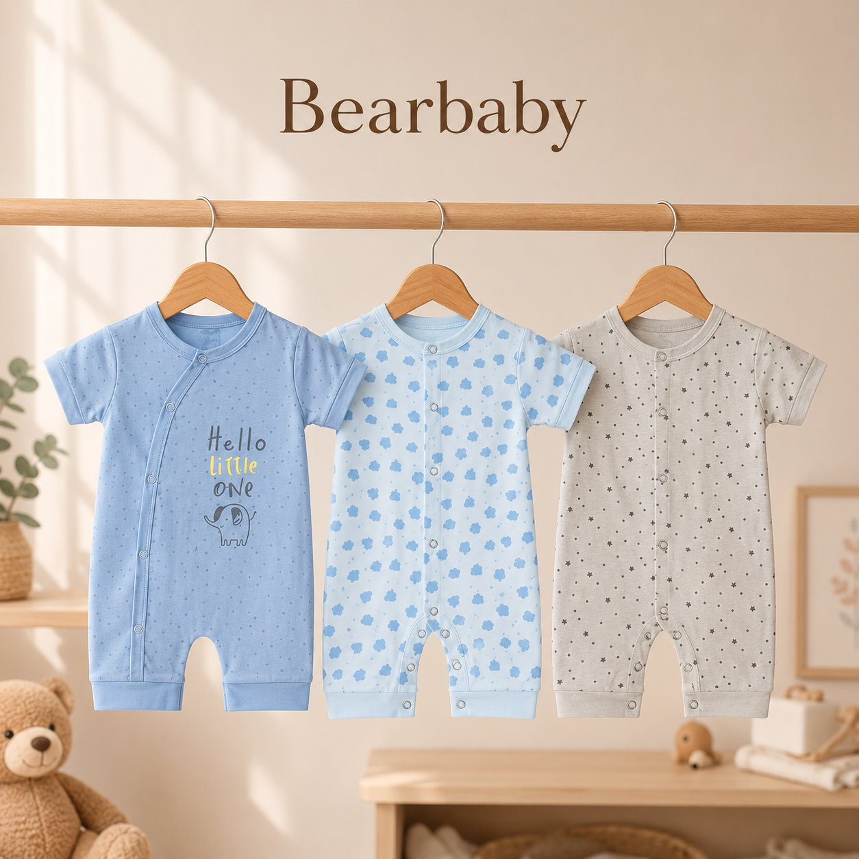 Bearbaby Soft Breathable Organic Cotton Baby Rompers Pack of 3 for Newborn Boys and Girls