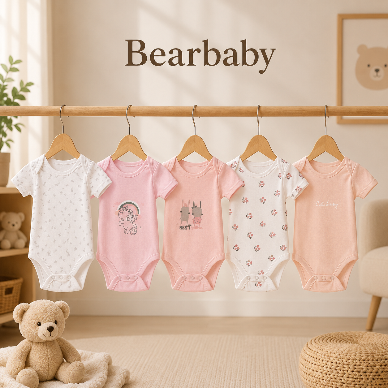 Bearbaby Organic Cotton Baby Bodysuit Combo Pack of 5 with Pink and White Printed Onesies for Newborn Babies