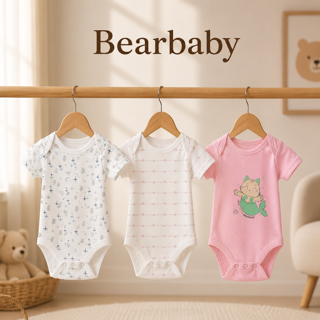 Bearbaby Organic Cotton Baby Sleepsuit Combo Pack of 3 with Cute Bear, Floral and Yellow Star Designs