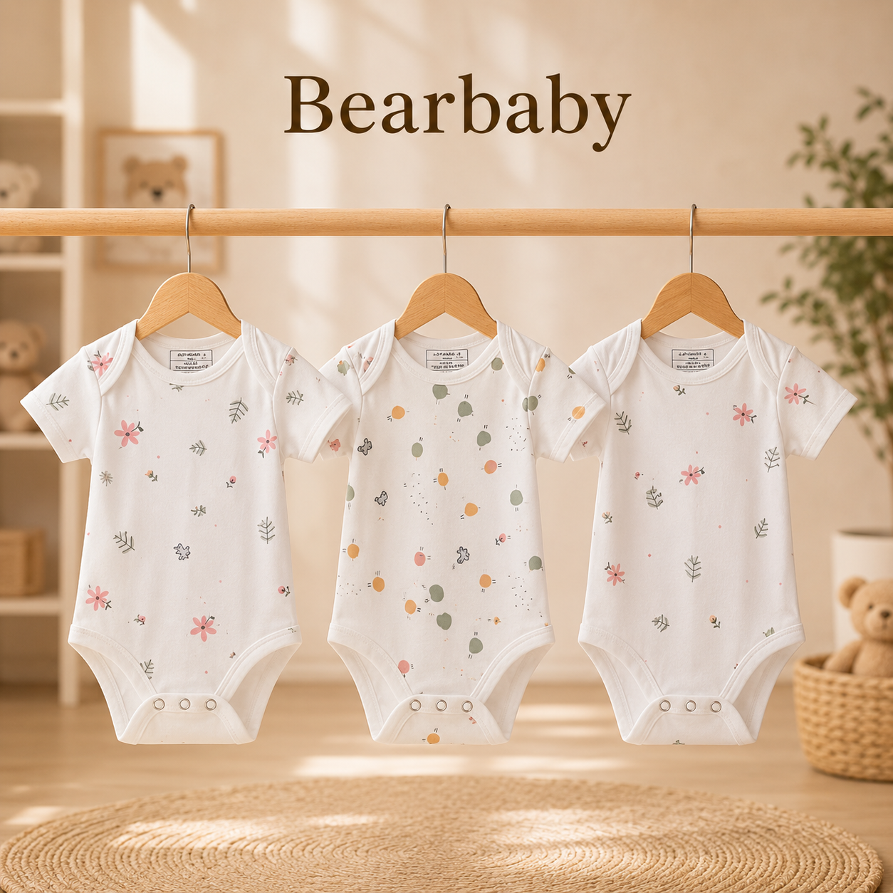 Bearbaby Organic Cotton Baby Romper Combo Pack of 3 with Bear, Floral and Yellow Star Prints for Newborn Babies