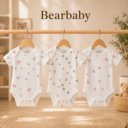 Bearbaby Organic Cotton Baby Romper Combo Pack of 3 with Bear, Floral and Yellow Star Prints for Newborn Babies