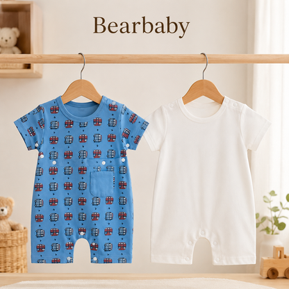 Bearbaby Baby Romper Combo Pack of 2 with Blue Bus Print and Solid White Organic Cotton Rompers for Newborn Babies