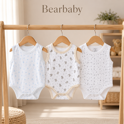 Organic Cotton Baby Onesie Combo Pack by Bearbaby with Bear Print, Floral Pattern and Yellow Star Romper
