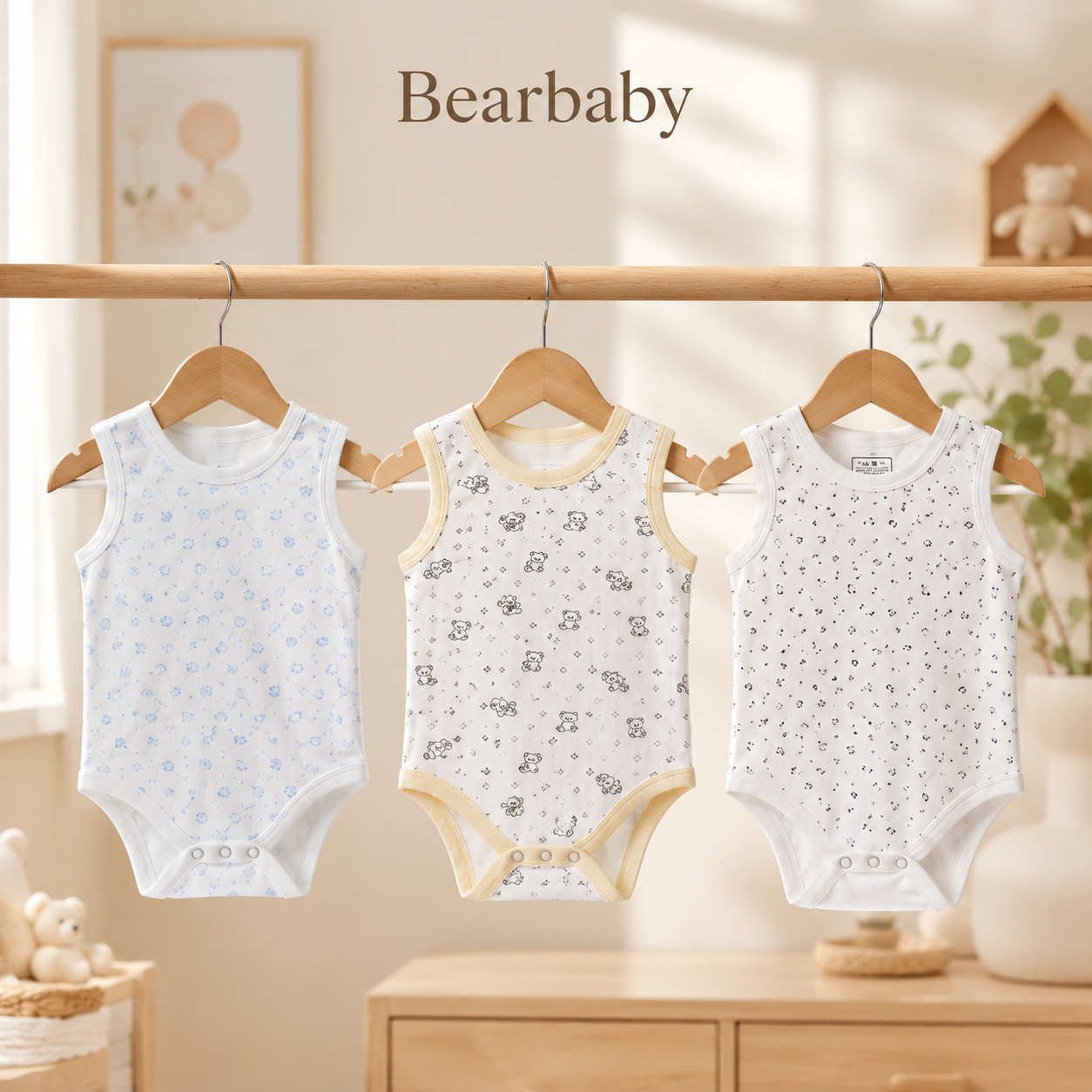 Bearbaby Organic Cotton Front Open Baby Romper Pack of 3 for Newborns with Bear, Flower and Star Patterns