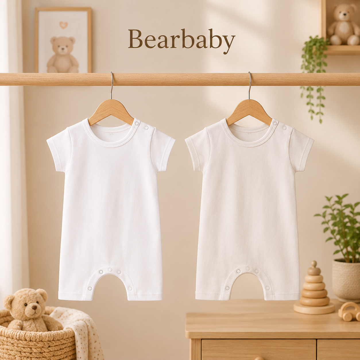 Bearbaby Premium Baby Romper Combo Pack with Printed Blue Bus Romper and Solid White Romper for Infants