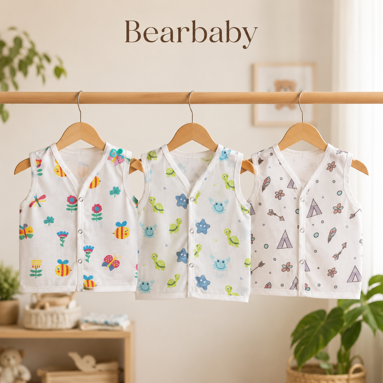 Bearbaby Organic Muslin Cotton Sleeveless Baby Jhabla Collection with Bee, Turtle and Adventure Prints