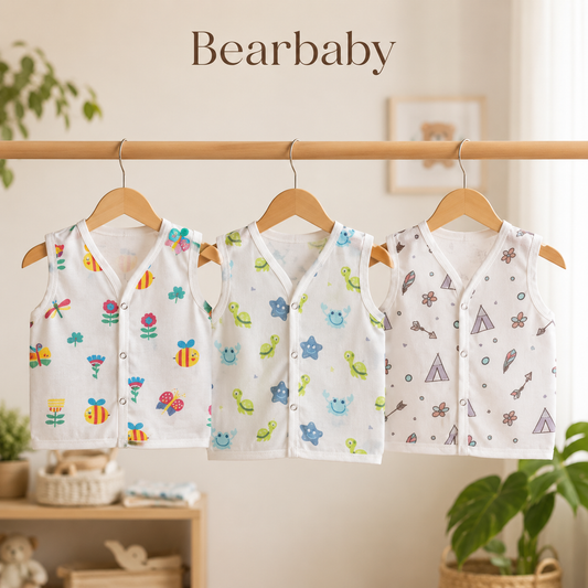 Bearbaby Organic Muslin Cotton Sleeveless Baby Jhabla Collection with Bee, Turtle and Adventure Prints