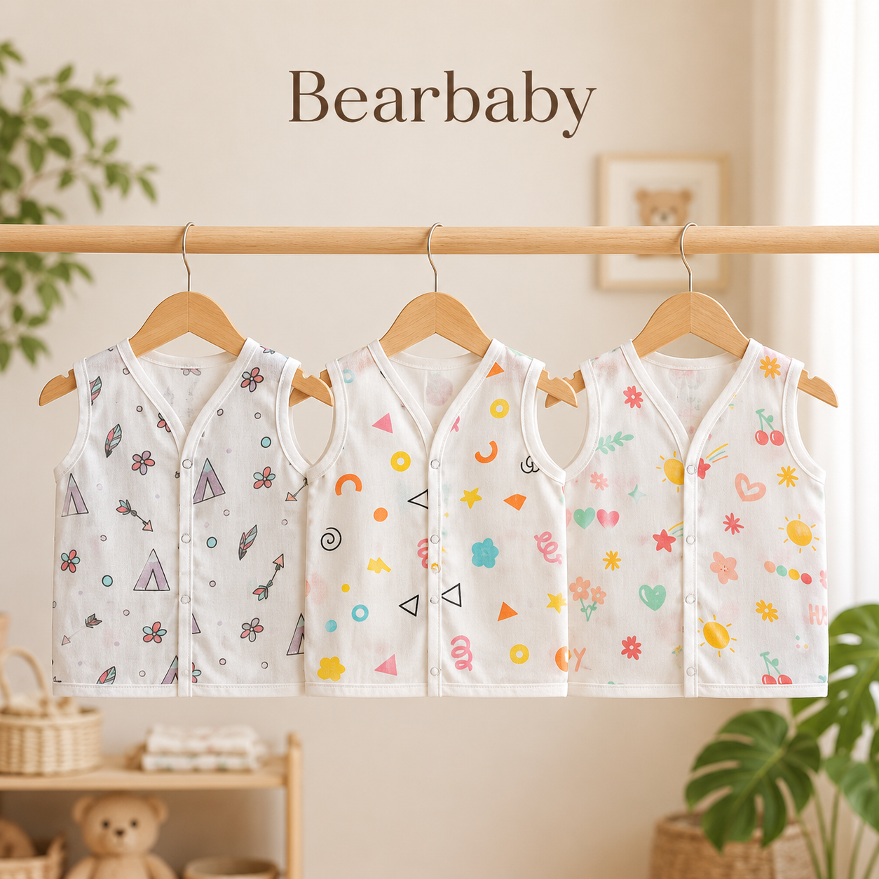 Bearbaby Breathable Sleeveless Muslin Cotton Baby Clothing Collection with Bee, Turtle and Teepee Pattern Vests