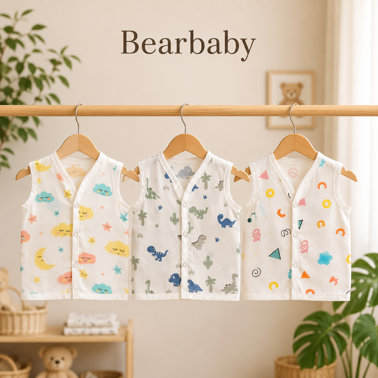 Organic Cotton Baby Jhabla Collection with Three Assorted Sleeveless Muslin Vests for Everyday Summer Wear