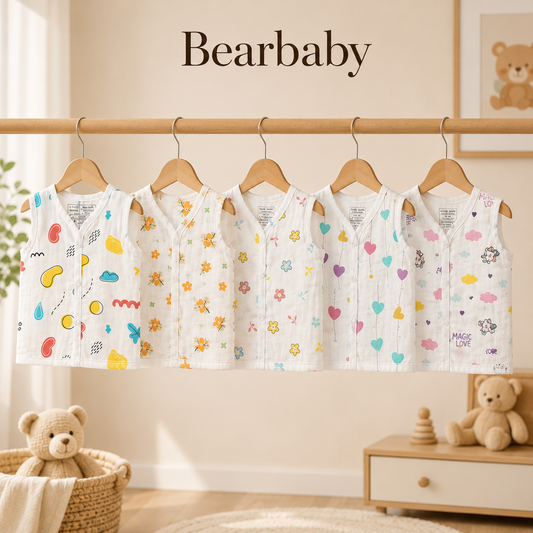 Bearbaby Organic Muslin Cotton Sleeveless Baby Jhabla Collection with Assorted Cute Prints for Newborn Babies
